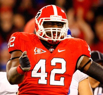 ATHENS, GA - NOVEMBER 21:  Justin Houston #42 of the Georgia Bulldogs celebrates a sack against the Kentucky Wildcats at Sanford Stadium on November 21, 2009 in Athens, Georgia.  (Photo by Kevin C. Cox/Getty Images)