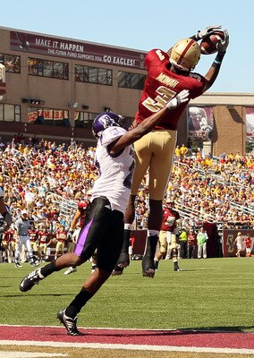 CHESTNUT HILL, MA - SEPTEMBER 04:  Ifeanyi Momah #3 of the Boston College Eagles makes the touchdown catch as Antwain Stutson #21 of the Weber State Wildcats defends on September 4, 2010 at Alumni Stadium in Chestnut Hill, Massachusetts.  (Photo by Elsa/G
