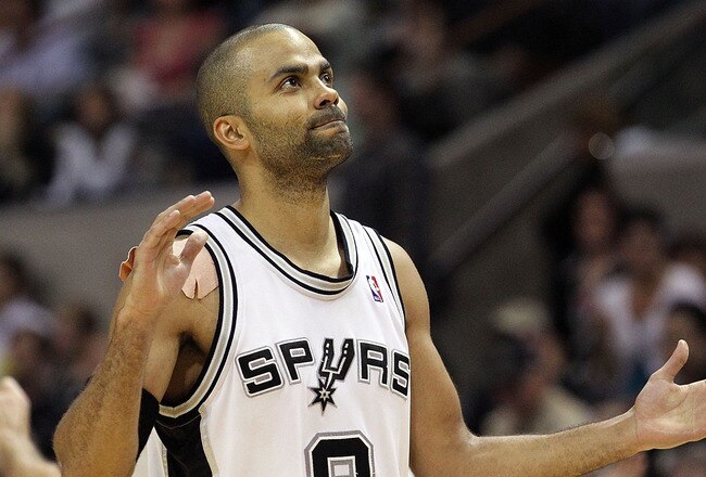 SAN ANTONIO - MAY 09:  Guard Tony Parker #9 of the San Antonio Spurs reacts during a 107-101 loss against the Phoenix Suns in Game Four of the Western Conference Semifinals during the 2010 NBA Playoffs at AT&T Center on May 9, 2010 in San Antonio, Texas. 