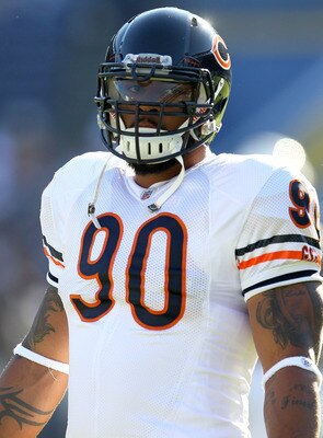 SAN DIEGO - AUGUST 14:  Defensive end Julius Peppers #90 of the Chicago Bearsduring the game with the San Diego Chargers on August 14, 2010 at Qualcomm Stadium in San Diego, California.  The Chargers won 25-10.  (Photo by Stephen Dunn/Getty Images)