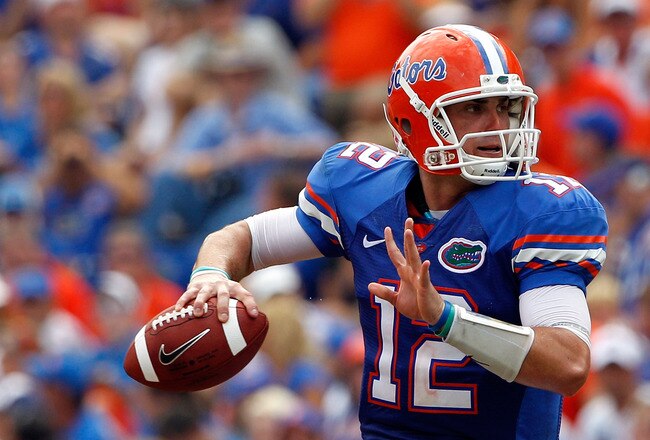 GAINESVILLE, FL - SEPTEMBER 04:  Quarterback John Brantley #12 of the Florida Gators attempts a pass against the Miami University RedHawks at Ben Hill Griffin Stadium on September 4, 2010 in Gainesville, Florida. Florida beat Miami 34-12.  (Photo by Sam G