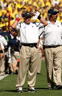 ANN ARBOR, MI - SEPTEMBER 19:  Head coach Rich Rodriguez of the Michigan Wolverines on the sidelines during the game with the Eastern Michigan Eagles at Michigan Stadium on September 19, 2009 in Ann Arbor, Michigan.  (Photo by Stephen Dunn/Getty Images)