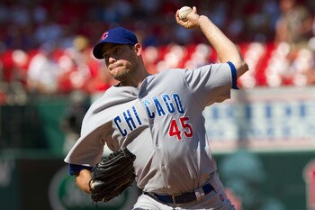 ST. LOUIS - AUGUST 15: Relief pitcher Sean Marshall #45 of the Chicago Cubs throws against the St. Louis Cardinals at Busch Stadium on August 15, 2010 in St. Louis, Missouri.  The Cubs beat the Cardinals 9-7.  (Photo by Dilip Vishwanat/Getty Images)
