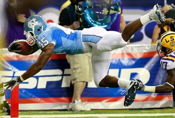 ATLANTA - SEPTEMBER 4: Devon Ramsay #45 of the North Carolina Tar Heels dives for a touchdown against the LSU Tigers at the Georgia Dome September 4, 2010 in Atlanta, Georgia.  (Photo by Kevin C. Cox/Getty Images)