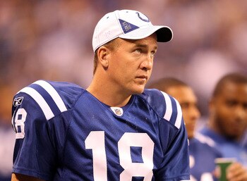 INDIANAPOLIS - SEPTEMBER 02:  Peyton Manning #18 of the Indianapolis Colts watches from the sidelines during the NFL preseason game against the Cincinnati Bengals at Lucas Oil Stadium on September 2, 2010 in Indianapolis, Indiana.  (Photo by Andy Lyons/Ge