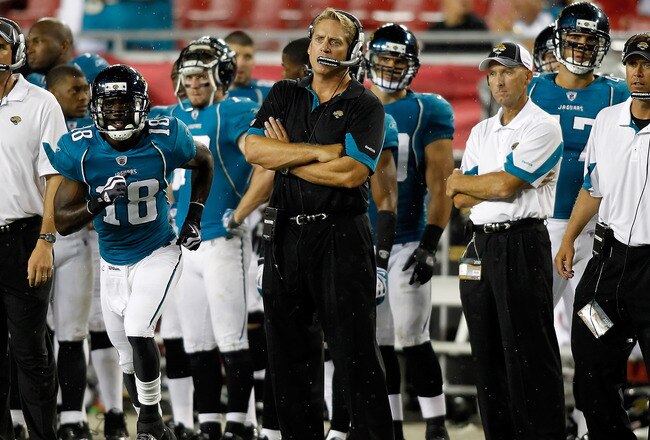 TAMPA, FL - AUGUST 28:  Head coach Jack Del Rio of the Jacksonville Jaguars watches his team play against the Tampa Bay Buccaneers during a preseason game at Raymond James Stadium on August 28, 2010 in Tampa, Florida.  (Photo by J. Meric/Getty Images)