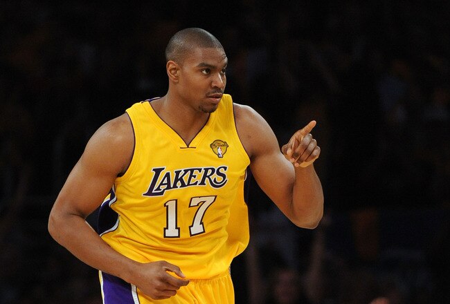 LOS ANGELES, CA - JUNE 03:  Andrew Bynum #17 of the Los Angeles Lakers reacts in the first half against the Boston Celtics in Game One of the 2010 NBA Finals at Staples Center on June 3, 2010 in Los Angeles, California.  NOTE TO USER: User expressly ackno