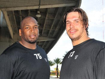 JACKSONVILLE, FL - MAY 1:  Tackles Eugene Monroe #75 and Eben Britton #73 of the Jacksonville Jaguars team up May 1, 2009 at a team minicamp near Jacksonville Municipal Stadium in Jacksonville, Florida.  Monroe and Britton were the team's top two draft pi