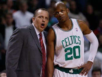 BOSTON - JANUARY 11:  Associate head coach Tom Thibodeau of the Boston Celtics talks with Ray Allen #20 during a break in play against the Atlanta Hawks at the TD Garden on January 11, 2010 in Boston, Massachusetts. The Hawks defeated the Celtics 102-96.