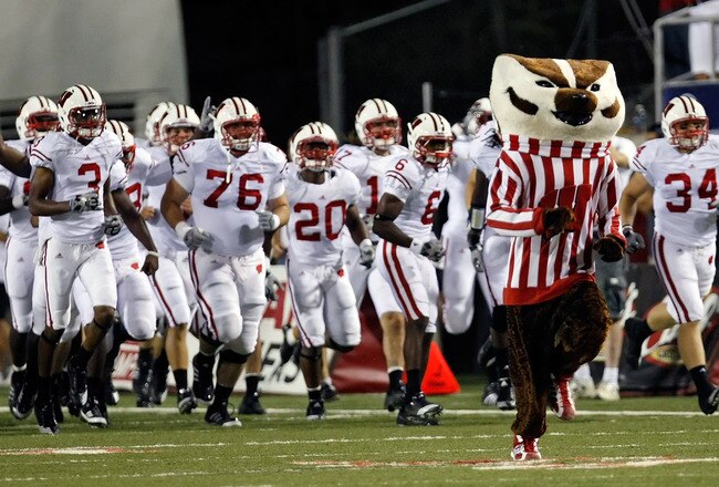 LAS VEGAS - SEPTEMBER 04:  The Wisconsin Badgers, including mascot Bucky Badger, take the field for their game against the UNLV Rebels at Sam Boyd Stadium September 4, 2010 in Las Vegas, Nevada. Wisconsin won 41-21.  (Photo by Ethan Miller/Getty Images)