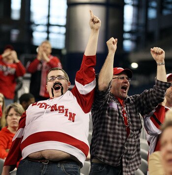 DETROIT - APRIL 10:  Wisconsin Badgers cheer on their team against the Boston College Eagles during the championship game of the 2010 NCAA Frozen Four on April 10, 2010 at Ford Field in Detroit, Michigan.  (Photo by Elsa/Getty Images)