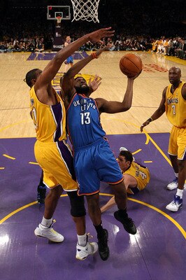 LOS ANGELES, CA - APRIL 27:  James Harden#13 of the Oklahoma City Thunder goes up for a shot against Andrew Bynum #17 of the Los Angeles Lakers in the first half during Game Two of the Western Conference Quarterfinals of the 2010 NBA Playoffs at Staples C