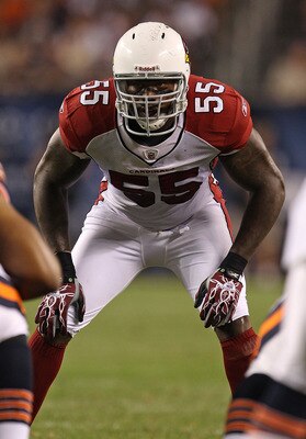 CHICAGO - AUGUST 28: Joey Porter #55 of the Arizona Cardinals awaits the start of play during a preseason game against the Chicago Bears at Soldier Field on August 28, 2010 in Chicago, Illinois. The Cardinals defeated the Bears 14-9. (Photo by Jonathan Da