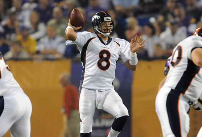 MINNEAPOLIS - SEPTEMBER 2:  Kyle Orton #8 of the Denver Broncos passes the ball during an NFL preseason game against the Minnesota Vikings at the Mall of America Field at Hubert H. Humphrey Metrodome, on September 2, 2010 in Minneapolis, Minnesota.  (Phot