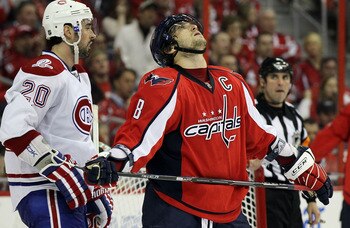 WASHINGTON DC, DC - APRIL 23:  Alex Ovechkin #8 of the Washington Capitals reacts after missing a scoring chance in the third period against the Montreal Canadiens in Game Five of the Eastern Conference Quarterfinals during the 2010 NHL Stanley Cup Playof