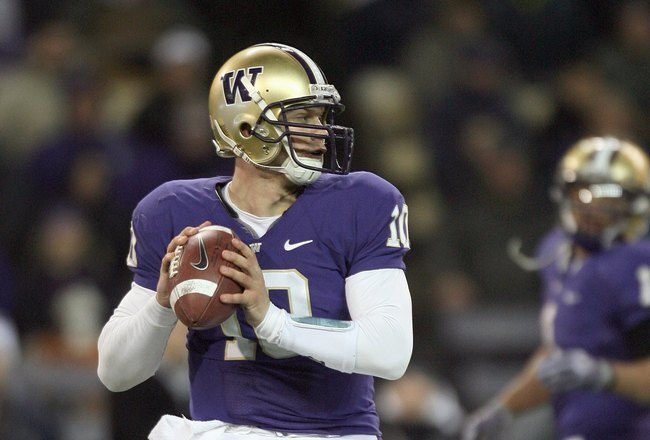 SEATTLE - DECEMBER 05:  Quarterback Jake Locker #10 of the Washington Huskies looks to pass the ball during game against the California Bears on December 5, 2009 at Husky Stadium in Seattle, Washington. The Huskies defeated the Bears 42-10. (Photo by Otto
