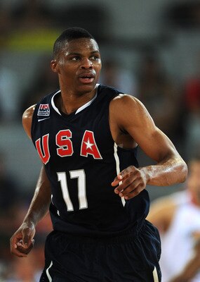 MADRID, SPAIN - AUGUST 22:  Russel Westbrook of the USA in action during a friendly basketball game between Spain and the USA at La Caja Magica on August 22, 2010 in Madrid, Spain.  (Photo by Jasper Juinen/Getty Images)