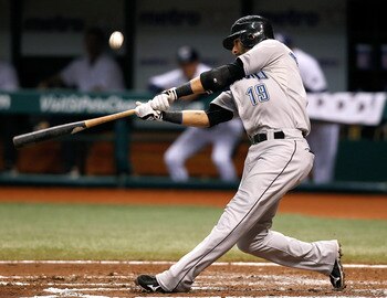 ST. PETERSBURG, FL - AUGUST 31:  Infielder Jose Bautista #19 of the Toronto Blue Jays fouls off a pitch against the Tampa Bay Rays during the game at Tropicana Field on August 31, 2010 in St. Petersburg, Florida.  (Photo by J. Meric/Getty Images)