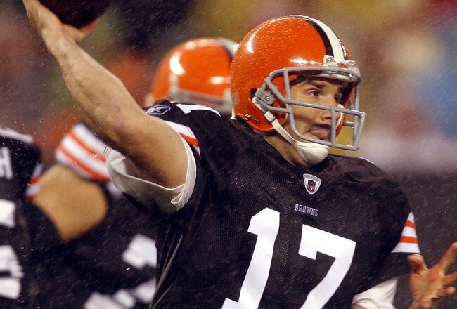 CLEVELAND - AUGUST 21:  Jake Delhomme #17 of the Cleveland Browns throws to a receiver against the St. Louis Rams at Cleveland Browns Stadium on August 21, 2010 in Cleveland, Ohio.  (Photo by Matt Sullivan/Getty Images)