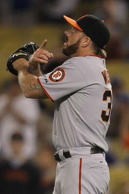 LOS ANGELES, CA - SEPTEMBER 05:  Brian Wilson #38 of the San Francisco Giants gestures after earning a save against the Los Angeles Dodgers at Dodger Stadium on September 5, 2010 in Los Angeles, California. The Giants defeated the Dodgers 3-0.  (Photo by 