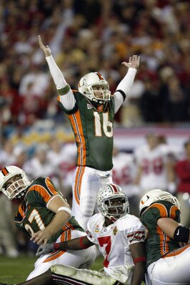 TEMPE, AZ - JANUARY 3:  Kicker Todd Sievers #16 of the Miami Hurricanes celebrates after kicking the game tying field goal against the Ohio State Buckeyes to send his team into overtime during the Tostitos Fiesta Bowl on January 3, 2003 at Sun Devil Stadi