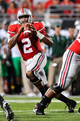 COLUMBUS, OH - SEPTEMBER 2: Terrelle Pryor #2 of the Ohio State Buckeyes drops back in the pocket against the Marshall Thundering Herd at Ohio Stadium on September 2, 2010 in Columbus, Ohio. (Photo by Jamie Sabau/Getty Images)