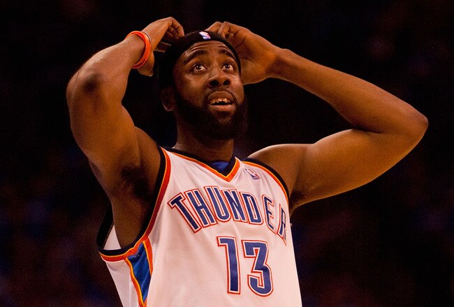 OKLAHOMA CITY - APRIL 22: James Harden #13 of the Oklahoma City Thunder reacts to a foul called on him against the Los Angeles Lakers during Game Three of the Western Conference Quarterfinals of the 2010 NBA Playoffs on April 22, 2010 at the Ford Center i