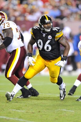 LANDOVER, MD - AUGUST 22:  Ziggy Hood #96 of the Pittsburgh Steelers rushes the quarterback during the game against the Washington Redskins at Fed Ex Field on August 22, 2009 in Landover, Maryland.  (Photo by Greg Fiume/Getty Images)