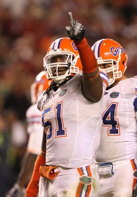 COLUMBIA, SC - NOVEMBER 14:  Brandon Spikes #51 of the Florida Gators looks on during the game against the South Carolina Gamecocks at Williams-Brice Stadium on November 14, 2009 in Columbia, South Carolina. (Photo by Streeter Lecka/Getty Images)