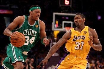 LOS ANGELES, CA - JUNE 17:  Paul Pierce #34 of the Boston Celtics drives past Ron Artest #37 of the Los Angeles Lakers in Game Seven of the 2010 NBA Finals at Staples Center on June 17, 2010 in Los Angeles, California.  NOTE TO USER: User expressly acknow