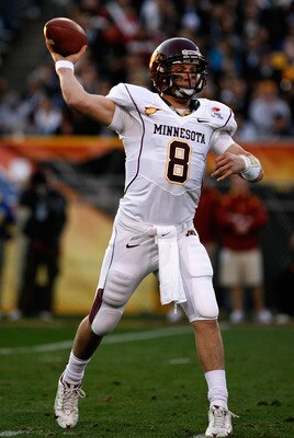 TEMPE, AZ - DECEMBER 31:  Quarterback Adam Weber #8 of the Minnesota Golden Gophers throws a pass during the second quarter of the Insight Bowl against the Iowa State Cyclones at Arizona Stadium on December 31, 2009 in Tempe, Arizona.  (Photo by Christian