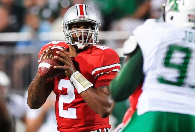 COLUMBUS, OH - SEPTEMBER 2: Terrelle Pryor #2 of the Ohio State Buckeyes drops back in the pocket against the Marshall Thundering Herd at Ohio Stadium on September 2, 2010 in Columbus, Ohio. (Photo by Jamie Sabau/Getty Images)
