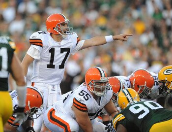 GREEN BAY - AUGUST 14: Jake Delhomme #17 of the Cleveland Browns calls out a play during the NFL preseason game against the Green Bay Packers at Lambeau Field August 14, 2010 in Green Bay, Wisconsin.  (Photo by Tom Dahlin/Getty Images)