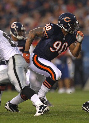 CHICAGO - AUGUST 21: Julius Peppers #90 of the Chicago Bears rushes against the Oakland Raiders during a preseason game at Soldier Field on August 21, 2010 in Chicago, Illinois. The Radiers defeated the Bears 32-17. (Photo by Jonathan Daniel/Getty Images)