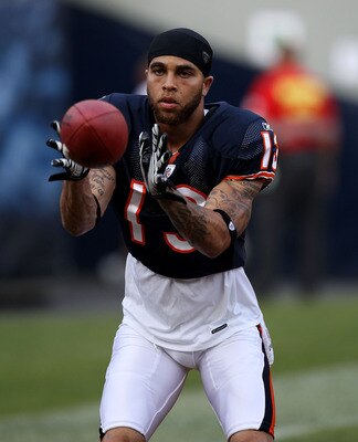 CHICAGO - AUGUST 21: Johnny Knox #13 of the Chicago Bears warms-up before a preseason game against the Oakland Raiders at Soldier Field on August 21, 2010 in Chicago, Illinois. The Radiers defeated the Bears 32-17. (Photo by Jonathan Daniel/Getty Images)