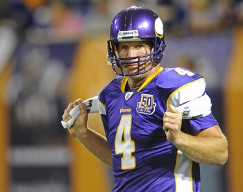MINNEAPOLIS - SEPTEMBER 02:  Brett Favre #4 of the Minnesota Vikings stretches during warmups prior to an NFL preseason game against the Denver Broncos at the Mall of America Field at Hubert H. Humphrey Metrodome, on September 2, 2010 in Minneapolis, Minn