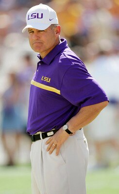 BATON ROUGE, LA - OCTOBER 15:  Head Coach Les Miles of Louisiana State University watches his team warm up before the game against the University of Florida at Tiger Stadium in Baton Rouge, Louisiana on October 15, 2005. LSU defeated the University of Flo