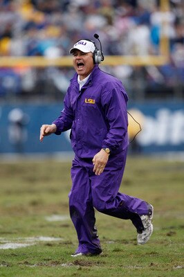 ORLANDO, FL - JANUARY 1: Head coach Les Miles of the LSU Tigers argues after a penalty against the Penn State Nittany Lions during the 2010 Capital One Bowl at the Florida Citrus Bowl Stadium on January 1, 2010 in Orlando, Florida. Penn State won 19-17. (