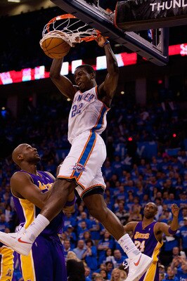 OKLAHOMA CITY - APRIL 30: Jeff Green #22 of the Oklahoma City Thunder dunks the ball against Lamar Odom #7 of the Los Angeles Lakers during Game Six of the Western Conference Quarterfinals of the 2010 NBA Playoffs on April 30, 2010 at the Ford Center in O