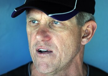 LOS ANGELES, CA - MAY 07:  Manager Jim Tracy #4 of the Colorado Rockies speaks to reporters before the game against the Los Angeles Dodgers at Dodger Stadium on May 7, 2010 in Los Angeles, California.  (Photo by Harry How/Getty Images)
