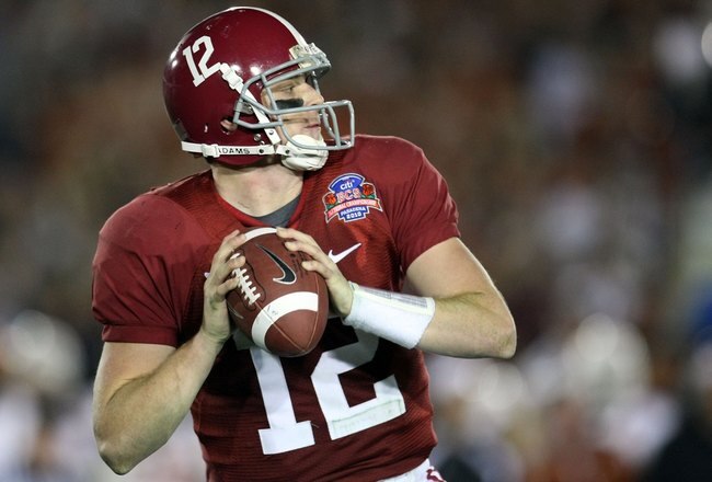 PASADENA, CA - JANUARY 07:  Quarterback Greg McElroy #12 of the Alabama Crimson Tide throws the ball against the Texas Longhorns in the second half of the Citi BCS National Championship game at the Rose Bowl on January 7, 2010 in Pasadena, California.  (P