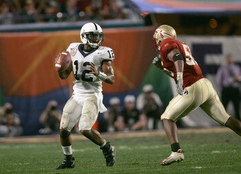 MIAMI GARDENS, FL - JANUARY 3:  Quarterback Michael Robinson #12 of the Penn State Nittany Lions looks to pass during the 72nd Fed Ex Orange Bowl against the Florida State Seminoles at Dolphins Stadium on January 3, 2005 in Miami Gardens, Florida. Penn St