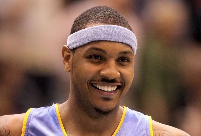 SALT LAKE CITY - APRIL 30:  Carmelo Anthony #15 of the Denver Nuggets stands on the court during their game against the Utah Jazz in Game Six of the Western Conference Quarterfinals of the 2010 NBA Playoffs at EnergySolutions Arena on April 30, 2010 in Sa