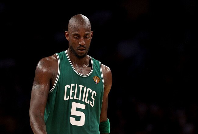 LOS ANGELES, CA - JUNE 17:  Kevin Garnett #5 of the Boston Celtics walks across the court in the first half against the Los Angeles Lakers in Game Seven of the 2010 NBA Finals at Staples Center on June 17, 2010 in Los Angeles, California.  NOTE TO USER: U