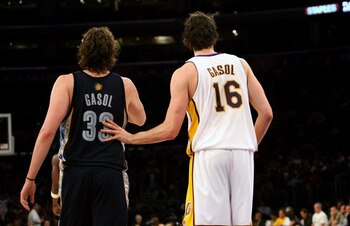 LOS ANGELES, CA - MARCH 3:  Pau Gasol #16 of the Los Angeles Lakers hand checks his brother Marc Gasol #33 of the Memphis Grizzlies at Staples Center March 3, 2009 in Los Angeles, California.  The Lakers won 99-89.  NOTE TO USER: User expressly acknowledg