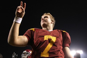 SAN FRANCISCO - DECEMBER 26: Matt Barkley #7 of the USC Trojans celebrates after defeating the Boston College Eagles during the 2009 Emerald Bowl at AT&T Park on December 26, 2009 in San Francisco, California. (Photo by Jed Jacobsohn/Getty Images)