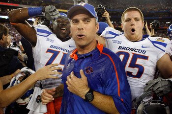GLENDALE, AZ - JANUARY 04:  Head coach Chris Petersen of the Boise State Broncos celebrates after defeating the TCU Horned Frogs 17-10 during the Tostitos Fiesta Bowl at the Universtity of Phoenix Stadium on January 4, 2010 in Glendale, Arizona.  (Photo b