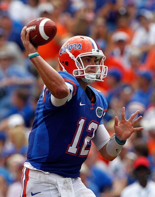 GAINESVILLE, FL - SEPTEMBER 04:  Quarterback John Brantley #12 of the Florida Gators attempts a pass against the Miami University RedHawks at Ben Hill Griffin Stadium on September 4, 2010 in Gainesville, Florida.  (Photo by Sam Greenwood/Getty Images)
