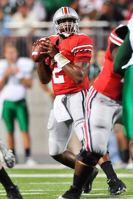 COLUMBUS, OH - SEPTEMBER 2: Terrelle Pryor #2 of the Ohio State Buckeyes drops back in the pocket against the Marshall Thundering Herd at Ohio Stadium on September 2, 2010 in Columbus, Ohio. (Photo by Jamie Sabau/Getty Images)