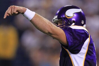 MINNEAPOLIS - AUGUST 28:  Brett Favre #4 of the Minnesota Vikings gives instructions against the Seattle Seahawks during a preseason NFL game at Mall of America Field at the Hubert H. Humphrey Metrodome on August 28, 2010  in Minneapolis, Minnesota.  (Pho